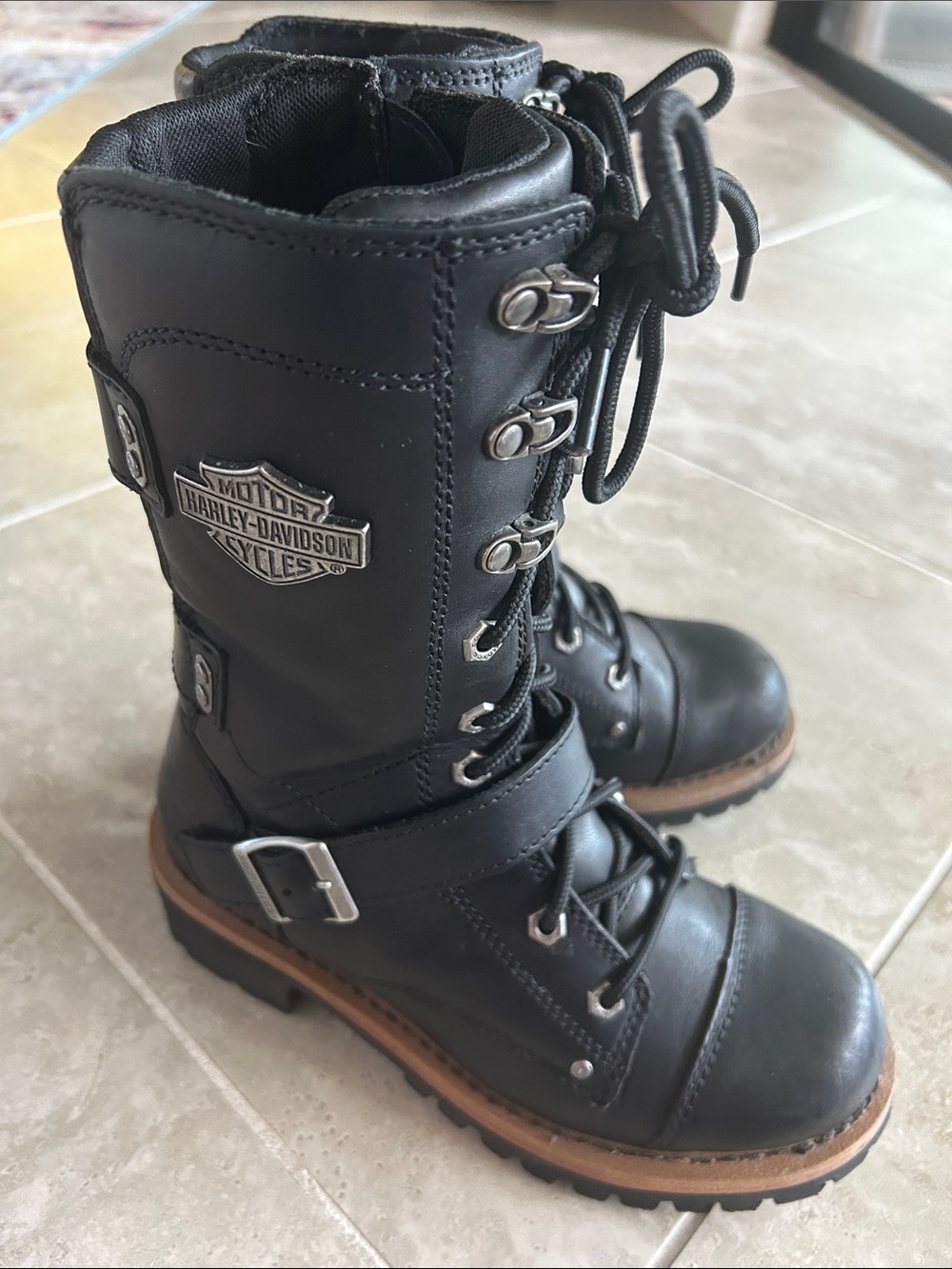Ladies Harley-Davidson Lace Up with Side Zipper Mid Calf Leather Riding Boots 8